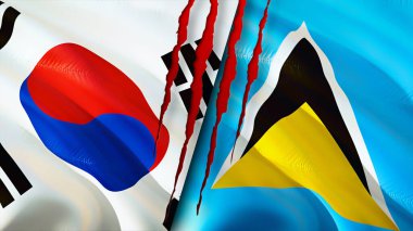 Güney Kore ve Saint Lucia bayraklarında yara izi var. Dalgalanan bayrak, 3 boyutlu görüntüleme. Güney Kore ve Saint Lucia çatışma konsepti. Güney Kore Saint Lucia ilişkileri kavramı. Güney Kore ve Sain bayrağı