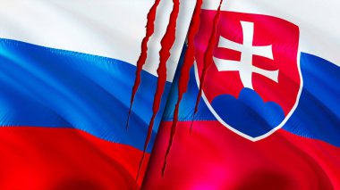 Rusya ve Slovakya yara izi kavramına sahip bayraklar. Dalgalanan bayrak, 3 boyutlu görüntüleme. Rusya ve Slovakya çatışma konsepti. Rusya Slovakya ilişkileri kavramı. Rusya ve Slovakya bayrağı krizi, savaş, saldırı konsepti