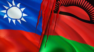 Yara izi olan Tayvan ve Malavi bayrakları. Dalgalanan bayrak, 3 boyutlu görüntüleme. Tayvan ve Malavi çatışma konsepti. Tayvan Malavi ilişkileri kavramı. Tayvan bayrağı ve Malawi krizi, savaş, saldırı konsepti