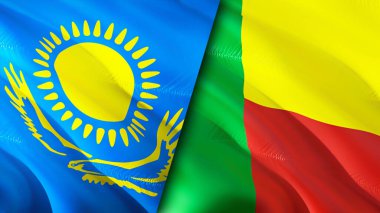 Kazakistan ve Benin bayrakları. 3 boyutlu dalgalanan bayrak tasarımı. Kazakistan Benin bayrağı, resim, duvar kağıdı. Kazakistan, Benin imajına karşı, 3D görüntüleme. Kazakistan Benin ilişkileri ittifak ve ticaret, seyahat, turnuva