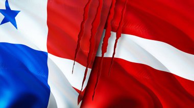 Panama ve Letonya bayraklarında yara izi var. Dalgalanan bayrak, 3 boyutlu görüntüleme. Panama ve Letonya çatışma konsepti. Panama Letonya ilişkileri kavramı. Panama ve Letonya bayrağı krizi, savaş, saldırı konsepti
