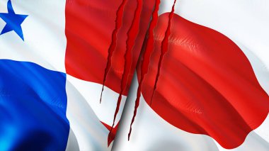 Panama ve Japonya yara izi olan bayraklar. Dalgalanan bayrak, 3 boyutlu görüntüleme. Panama ve Japonya çatışma konsepti. Panama Japonya ilişkileri kavramı. Panama ve Japonya bayrağı krizi, savaş, saldırı konsepti