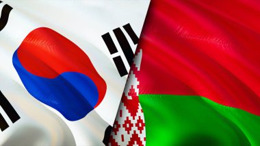 Güney Kore ve Belarus bayrakları. 3 boyutlu dalgalanan bayrak tasarımı. Güney Kore Belarus bayrağı, resim, duvar kağıdı. Güney Kore, Belarus 'a karşı, görüntü 3 boyutlu. Güney Kore Belarus ilişkileri bir ittifak