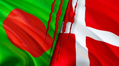 Yara izi olan Bangladeş ve Danimarka bayrakları. Dalgalanan bayrak, 3 boyutlu görüntüleme. Bangladeş ve Danimarka çatışma konsepti. Bangladeş Danimarka ilişkileri kavramı. Bangladeş bayrağı ve Danimarka krizi, savaş