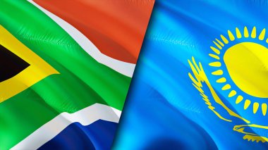 Güney Afrika ve Kazakistan bayrakları. 3 boyutlu dalgalanan bayrak tasarımı. Güney Afrika Kazakistan bayrağı, resim, duvar kağıdı. Güney Afrika, Kazakistan 'a karşı, görüntü 3 boyutlu. Güney Afrika Kazakistan ilişkileri ittifak