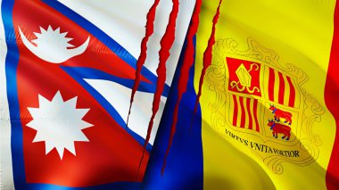 Nepal ve Andorra yara izi olan bayraklar. Dalgalanan bayrak, 3 boyutlu görüntüleme. Nepal ve Andorra çatışma konsepti. Nepal Andorra ilişkileri kavramı. Nepal ve Andorra bayrağı kriz, savaş, saldırı konsepti