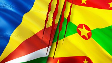 Yara izi olan Seyşeller ve Grenada bayrakları. Dalgalanan bayrak, 3 boyutlu görüntüleme. Seyşeller ve Grenada çatışma konsepti. Seyşeller Grenada ilişkileri kavramı. Seyşel bayrağı ve Grenada krizi, savaş