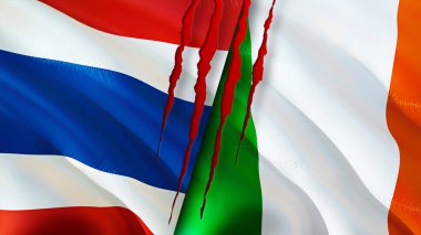Yara izi olan Tayland ve İrlanda bayrakları. Dalgalanan bayrak, 3 boyutlu görüntüleme. Tayland ve İrlanda çatışma konsepti. Tayland ve İrlanda ilişkileri kavramı. Tayland bayrağı ve İrlanda krizi, savaş, attac