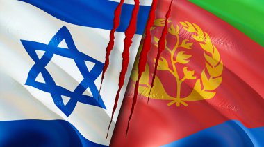 Yara izi olan İsrail ve Eritre bayrakları. Dalgalanan bayrak, 3 boyutlu görüntüleme. İsrail ve Eritre çatışma konsepti. İsrail Eritre ilişkileri kavramı. İsrail bayrağı ve Eritre krizi, savaş, saldırı konsepti