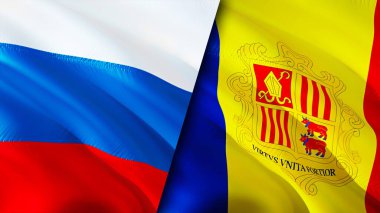Rusya ve Andorra bayrakları. 3 boyutlu dalgalanan bayrak tasarımı. Rusya Andorra bayrağı, resim, duvar kağıdı. Rusya, Andorra 'ya karşı, görüntü 3 boyutlu. Rusya Andorra ilişkileri ittifak ve ticaret, seyahat, turizm konsepti