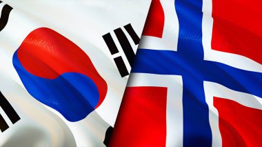 Güney Kore ve Norveç bayrakları. 3 boyutlu dalgalanan bayrak tasarımı. Güney Kore Norveç bayrağı, resim, duvar kağıdı. Güney Kore Norveç 'e karşı, görüntü 3 boyutlu. Güney Kore Norveç ilişkileri