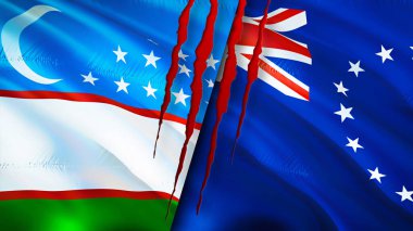 Özbekistan ve Cook Adaları yara izi olan bayraklar. Dalgalanan bayrak, 3 boyutlu görüntüleme. Özbekistan ve Cook Adaları çatışma konsepti. Özbekistan Cook Adaları ilişkileri kavramı. Özbekistan ve Coo bayrağı