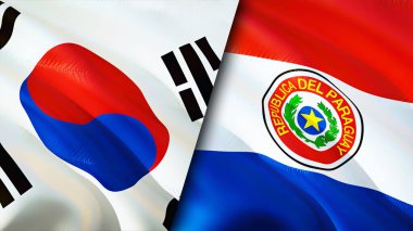 Güney Kore ve Paraguay bayrakları. 3 boyutlu dalgalanan bayrak tasarımı. Güney Kore Paraguay bayrağı, resim, duvar kağıdı. Güney Kore, Paraguay 'a karşı, görüntü 3D. Güney Kore Paraguay ilişkileri