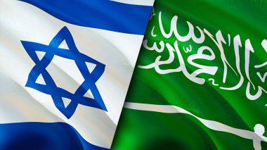 İsrail ve Suudi Arabistan bayrakları. 3 boyutlu dalgalanan bayrak tasarımı. İsrail Suudi Arabistan bayrağı, resim, duvar kağıdı. İsrail, Suudi Arabistan 'a karşı, görüntü 3D. İsrail Suudi Arabistan ilişkileri