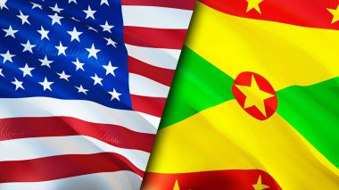 ABD ve Grenada bayrakları. 3 boyutlu dalgalanan bayrak tasarımı. ABD Grenada bayrağı, resim, duvar kağıdı. ABD, Grenada 'ya karşı, görüntü 3D. ABD Grenada ilişkileri ittifak ve ticaret, seyahat, turizm konsepti