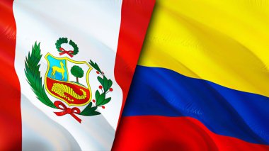 Peru ve Kolombiya bayrakları. 3 boyutlu dalgalanan bayrak tasarımı. Peru Kolombiya bayrağı, resim, duvar kağıdı. Peru Kolombiya 'ya karşı, görüntü 3 boyutlu. Peru Kolombiya ilişkileri ittifak ve ticaret, seyahat, turizm konsepti