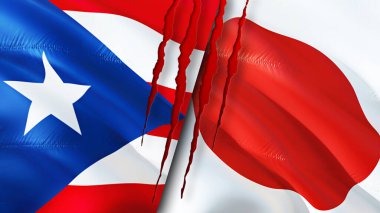 Porto Riko ve Japonya yara izi olan bayraklar. Dalgalanan bayrak, 3 boyutlu görüntüleme. Porto Riko ve Japon çatışma konsepti. Porto Riko Japon ilişkileri kavramı. Porto Riko bayrağı ve Japonya krizi, savaş, attac