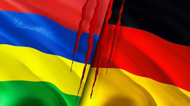 Mauritius ve Almanya yara izi olan bayraklar. Dalgalanan bayrak, 3 boyutlu görüntüleme. Mauritius ve Almanya çatışma konsepti. Mauritius Almanya ilişkileri kavramı. Mauritius bayrağı ve Almanya krizi, savaş, attac