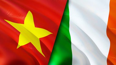 Vietnam ve İrlanda bayrakları yara izi konseptiyle. Dalgalanan bayrak, 3 boyutlu görüntüleme. Vietnam ve İrlanda çatışma konsepti. Vietnam İrlanda ilişkileri kavramı. Vietnam ve İrlanda bayrağı krizi, savaş, saldırı konsepti