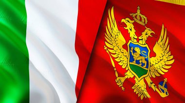 İtalya ve Karadağ bayrakları. 3 boyutlu dalgalanan bayrak tasarımı. İtalya Karadağ bayrağı, resim, duvar kağıdı. İtalya, Karadağ 'a karşı, görüntü 3 boyutlu. İtalya-Karadağ ilişkileri ittifak ve Ticaret, seyahat, turnuva
