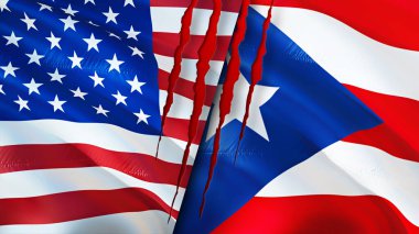 ABD ve Porto Riko bayraklarında yara izi var. Dalgalanan bayrak, 3 boyutlu görüntüleme. ABD ve Porto Riko çatışma konsepti. ABD Porto Riko ilişkileri kavramı. ABD ve Porto Riko bayrağı krizi, savaş, saldırı konsepti