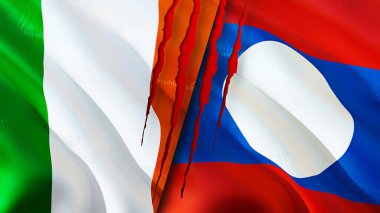 İrlanda ve Laos yara izi olan bayraklar. 3D bayrak sallama. İrlanda ve Laos çatışma konsepti. İrlanda Laos ilişkileri kavramı. İrlanda bayrağı ve Laos krizi, savaş, saldırı konsepti