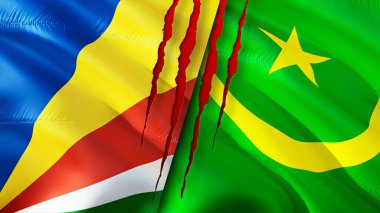Seyşeller ve Moritanya bayrakları yara izi konseptiyle. Dalgalanan bayrak, 3 boyutlu görüntüleme. Seyşeller ve Moritanya çatışma konsepti. Seyşeller Moritanya ilişkileri kavramı. Seyşeller ve Moritani bayrağı