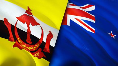 Brunei ve Yeni Zelanda bayrakları. 3 boyutlu dalgalanan bayrak tasarımı. Brunei Yeni Zelanda bayrağı, resim, duvar kağıdı. Brunei, Yeni Zelanda 'ya karşı, görüntü 3 boyutlu. Brunei Yeni Zelanda ilişkiler ittifakı
