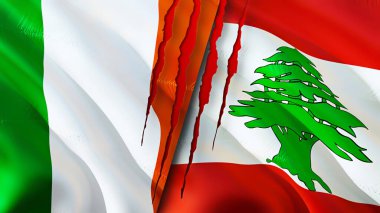 Yara izi olan İrlanda ve Lübnan bayrakları. 3D bayrak sallama. İrlanda ve Lübnan çatışma konsepti. İrlanda Lübnan ilişkileri kavramı. İrlanda ve Lübnan bayrağı krizi, savaş, saldırı konsepti