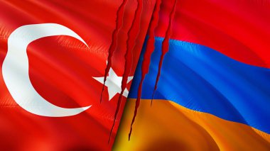 Hindi ve Ermenistan bayraklarında yara izi var. Dalgalanan bayrak, 3 boyutlu görüntüleme. Türkiye ve Ermenistan çatışması konsepti. Türkiye Ermenistan ilişkileri kavramı. Türkiye bayrağı ve Ermenistan krizi, savaş, saldırı konsepti