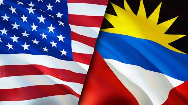 ABD, Antigua ve Barbuda bayrakları. 3 boyutlu dalgalanan bayrak tasarımı. ABD Antigua ve Barbuda bayrağı, resim, duvar kağıdı. ABD, Antigua ve Barbuda 'ya karşı, görüntü 3D. ABD Antigua ve Barbuda ilişkileri ittifakı