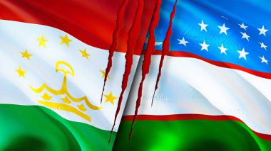Tacikistan ve Özbekistan bayraklarında yara izi var. Dalgalanan bayrak, 3 boyutlu görüntüleme. Tacikistan ve Özbekistan çatışma konsepti. Tacikistan Özbekistan ilişkileri kavramı. Tacikistan ve Özbekistan bayrağı
