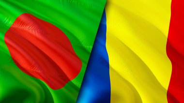 Bangladeş ve Romanya bayrakları. 3 boyutlu dalgalanan bayrak tasarımı. Bangladeş Romanya bayrağı, resim, duvar kağıdı. Bangladeş, Romanya 'ya karşı imaj, 3D görüntüleme. Bangladeş Romanya ilişkileri bir ittifak