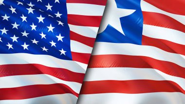 ABD ve Liberya bayrakları. 3 boyutlu dalgalanan bayrak tasarımı. Amerikan Liberya bayrağı, resim, duvar kağıdı. ABD Liberya 'ya karşı, görüntü 3 boyutlu. ABD Liberya ilişkileri ittifak ve ticaret, seyahat, turizm konsepti