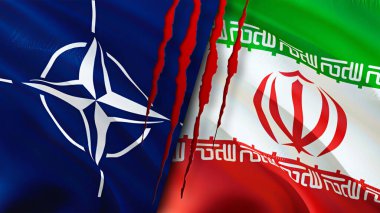 Yara izi olan NATO ve İran bayrakları. Dalgalanan bayrak, 3 boyutlu görüntüleme. İran ve NATO çatışma konsepti. NATO İran ilişkileri kavramı. NATO ve İran bayrağı krizi, savaş, saldırı konsepti