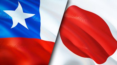 Şili ve Japonya bayrakları. 3 boyutlu dalgalanan bayrak tasarımı. Şili bayrağı, resim, duvar kağıdı. Şili, Japonya 'ya karşı, görüntü 3D. Şili ile Japonya ilişkileri ittifak ve ticaret, seyahat, turizm konsepti