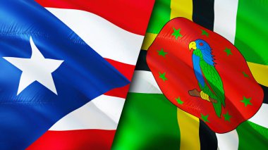 Porto Riko ve Dominika bayrakları. 3 boyutlu dalgalanan bayrak tasarımı. Porto Riko Dominica bayrağı, resim, duvar kağıdı. Porto Riko, Dominica 'ya karşı 3 boyutlu görüntü. Porto Riko Dominica ilişkileri