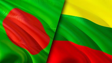 Bangladeş ve Litvanya bayrakları. 3 boyutlu dalgalanan bayrak tasarımı. Bangladeş Litvanya bayrağı, resim, duvar kağıdı. Bangladeş, Litvanya 'ya karşı, görüntü 3 boyutlu. Bangladeş Litvanya ilişkileri ittifakı
