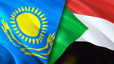 Kazakistan ve Sudan bayrakları. 3 boyutlu dalgalanan bayrak tasarımı. Kazakistan Sudan bayrağı, resim, duvar kağıdı. Kazakistan, Sudan görüntüsüne karşı, 3D görüntüleme. Kazakistan Sudan ilişkileri ittifak ve ticaret, seyahat, turnuva