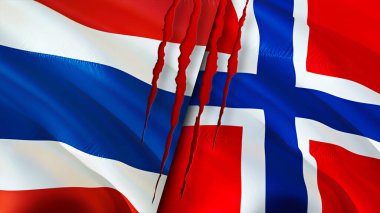 Yara izi olan Tayland ve Norveç bayrakları. Dalgalanan bayrak, 3 boyutlu görüntüleme. Tayland ve Norveç çatışma konsepti. Tayland ve Norveç ilişkileri kavramı. Tayland bayrağı ve Norveç krizi, savaş, saldırı konsepti
