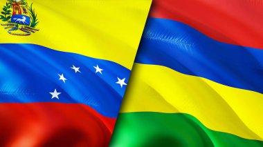 Venezuela ve Mauritius bayrakları. 3 boyutlu dalgalanan bayrak tasarımı. Venezuela Mauritius bayrağı, resim, duvar kağıdı. Venezuela, Mauritius 'a karşı, görüntü 3 boyutlu. Venezuela Mauritius İlişkiler Birliği