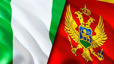 Nijerya ve Karadağ bayrakları. 3 boyutlu dalgalanan bayrak tasarımı. Nijerya Karadağ bayrağı, resim, duvar kağıdı. Nijerya, Karadağ imajına karşı, 3D görüntüleme. Nijerya Karadağ ilişkileri bir ittifak