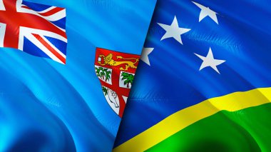 Fiji ve Solomon Adaları bayrakları. 3 boyutlu dalgalanan bayrak tasarımı. Fiji Solomon Adaları bayrağı, resim, duvar kağıdı. Fiji, Solomon Adaları 'na karşı. Görüntü 3 boyutlu. Fiji Solomon Adaları İlişkiler Birliği