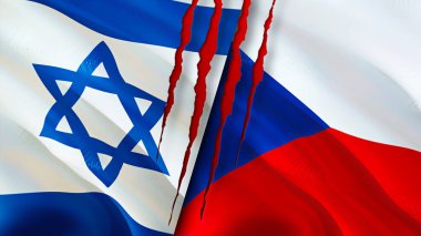 Yara izi olan İsrail ve Çek bayrakları. Dalgalanan bayrak, 3 boyutlu görüntüleme. İsrail ve Çek çatışma konsepti. İsrail Çek ilişkileri kavramı. İsrail bayrağı ve Çek krizi, savaş, saldırı konsepti