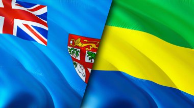 Fiji ve Gabon bayrakları. 3 boyutlu dalgalanan bayrak tasarımı. Fiji Gabon bayrağı, resim, duvar kağıdı. Fiji, Gabon 'a karşı, görüntü 3 boyutlu. Fiji Gabon ilişkileri ittifak ve ticaret, seyahat, turizm konsepti