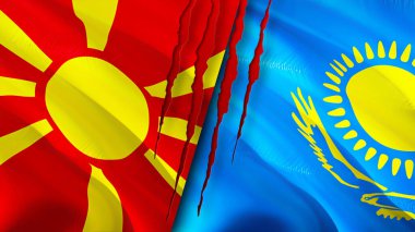 Kuzey Makedonya ve Kazakistan yara izi kavramına sahip bayraklar. Dalgalanan bayrak, 3 boyutlu görüntüleme. Kuzey Makedonya ve Kazakistan ihtilaf kavramı. Kuzey Makedonya Kazakistan ilişkileri kavramı. Nort bayrağı