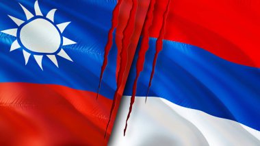 Tayvan ve Sırbistan yara izi kavramına sahip. Dalgalanan bayrak, 3 boyutlu görüntüleme. Tayvan ve Sırbistan ihtilaf kavramı. Tayvan Sırbistan ilişkileri kavramı. Tayvan ve Sırbistan bayrağı kriz, savaş, saldırı konsepti