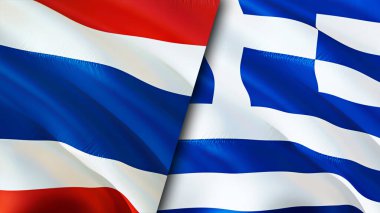 Tayland ve Yunanistan bayrakları. 3 boyutlu dalgalanan bayrak tasarımı. Tayland ve Yunanistan bayrağı, resim, duvar kağıdı. Tayland, Yunanistan 'a karşı, görüntü 3D. Tayland ve Yunanistan ilişkileri ittifak ve ticaret, seyahat, turizm konsepti