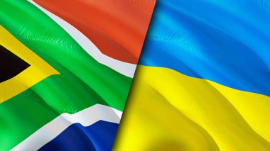 Güney Afrika ve Ukrayna bayrakları. 3 boyutlu dalgalanan bayrak tasarımı. Güney Afrika Ukrayna bayrağı, resim, duvar kağıdı. Güney Afrika, Ukrayna imajına karşı, 3D görüntüleme. Güney Afrika Ukrayna ilişkileri