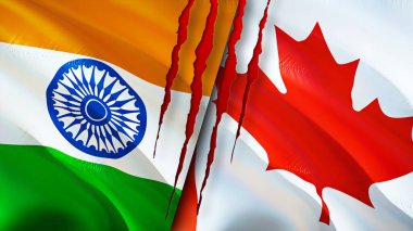 Yara izi olan Hindistan ve Kanada bayrakları. Dalgalanan bayrak, 3 boyutlu görüntüleme. Hindistan ve Kanada çatışma konsepti. Hindistan Kanada ilişkileri kavramı. Hindistan ve Kanada bayrağı krizi, savaş, saldırı konsepti